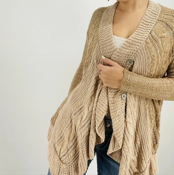 Free People Long Button Down Tan Caramel Waterfall Women Cardigan Sweater Size M - Picture 4 of 15